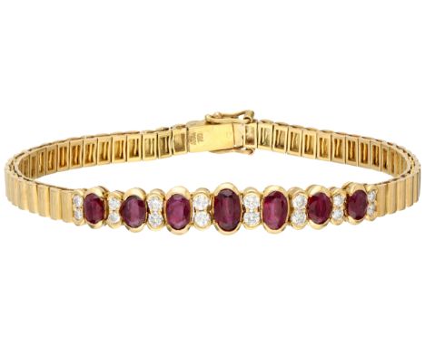 Aras 18K yellow gold bracelet set with approx. 1.80 ct. natural ruby and diamond. Part of a parure. Set with 16 brilliant cut