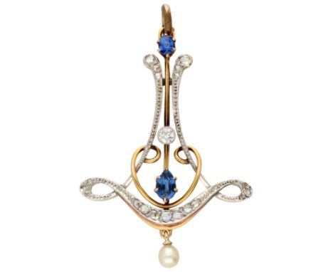 14K Yellow gold Art Nouveau pendant. With old European cut diamond of approx. 0.03 ct., two synthetic sapphires, a cultured p