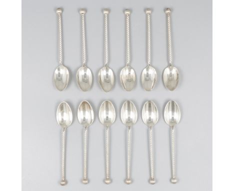 12-piece set of mocha spoons silver. Beautiful set with twisted handle and stylized ribbed button. The Netherlands, Schoonhov