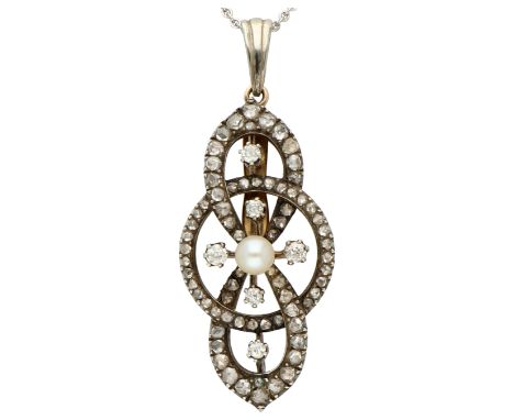 Antique gold/silver Infinity pendant with diamond and cultured pearl. Set with six Old European cut diamonds of approx. Ø 2.5