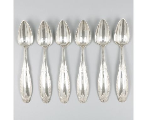 6-piece set of coffee spoons, silver. With engraved decoration. The Netherlands, Schoonhoven, Adrianus Kuijlenburg, 1878, hal