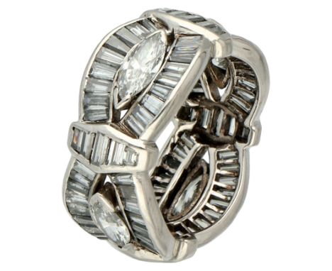 Platinum alliance ring set with marquise and baguette cut diamonds. Set with four marquise cut diamonds of approx. 4 x 0.35 c