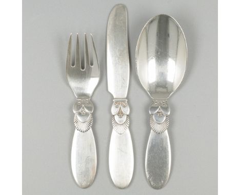 Georg Jensen 3-piece children's cutlery set, model Cactus, silver. Children's cutlery set, consisting of a fork, knife and sp