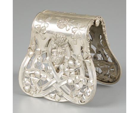 Silver bread clip, Alphonse Debain, Paris 1885-90. With repoussé dahlias, functioning with integrated tube hinge. France, Par