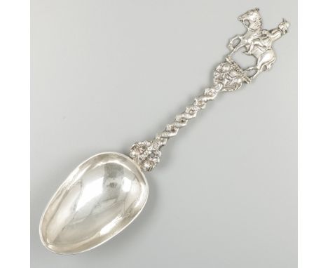 Silver commemorative spoon. With a stylized image of an equestrian. The Netherlands, Sneek / Leeuwarden, H. Reitsma, ca. 1878
