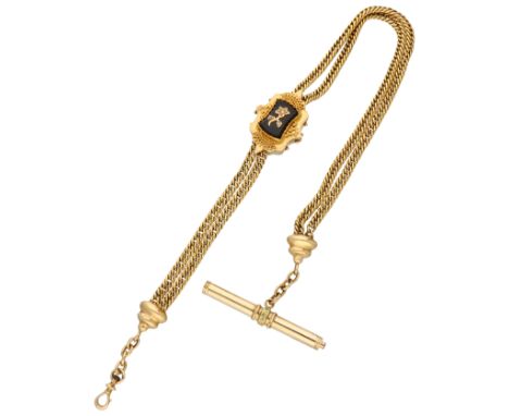 14K. Yellow gold antique watch chain with slider set with onyx and seed pearl. Groningen slide set with two onyx plaques (app
