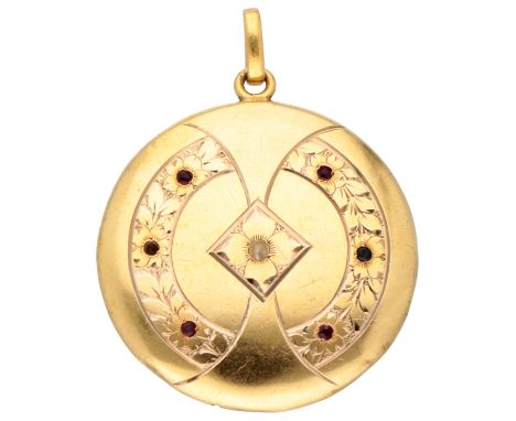 Art Deco 14K yellow gold pendant with floral decor. Set with a seed pearl in the center and surrounded by red and blue simili