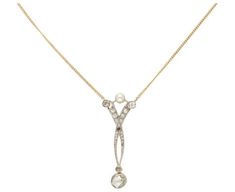 18K Yellow gold Art Nouveau necklace with pendant set with diamond in platinum settings. Set with a white cultivated pearl an