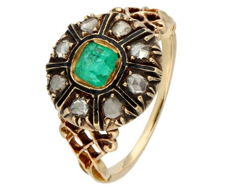 14K Yellow gold enamelled entourage ring with emerald and diamond. One square step cut emerald of approx. 0.44 ct. (4.11 x4.4