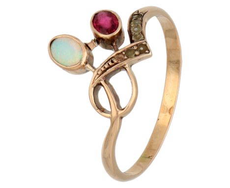 Art Nouveau 14K yellow gold ring with opal, seed pearls and red stone. Hallmarks: 585 Dutch assay mark, oak leaf 1906 - 1953,