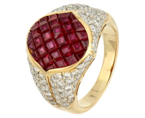 18K Yellow gold ring with ruby and diamond. The calibrated rubies are set 'sertie mysterieuse' or invisibly set in a grid sur