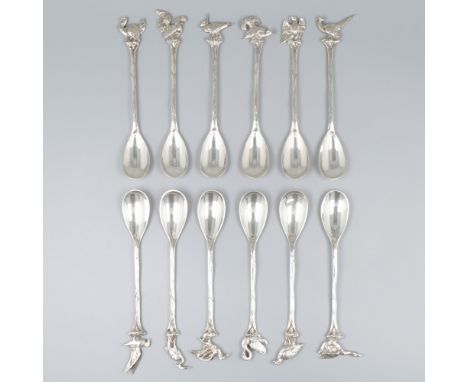 12-piece set of coffee spoons, silver. Crowned with 12 various stylized birds. Netherlands, Amsterdam, C. Schoorl &amp; J.A. 