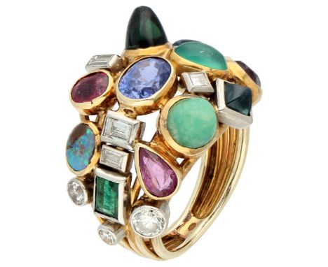 14K Yellow gold ring with various gemstones and diamonds. Set with 19 different gemstones in different cuts, including diamon