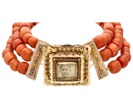 Three-row red coral necklace with a heavy 14K yellow gold clasp. North Holland regional costume necklace with a very high loc