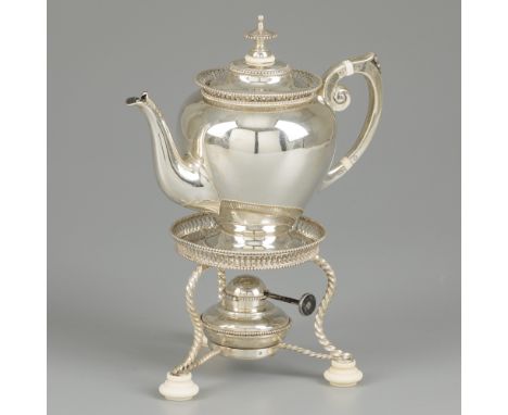 Coffee pot &amp; chafing dish, silver. With twisted legs, pearl rims and openwork borders. Complete with original burner. The