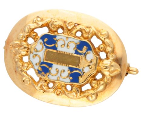 Antique 18K yellow gold 19th century enamalled brooch. With white and blue enamel set in a dyed floral border.: 750 Dutch ass