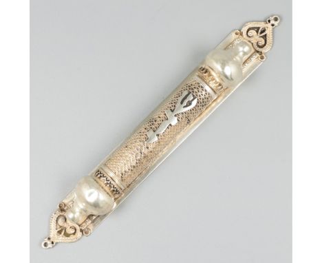 Jewish Mezuzah, silver. A Mezuzah (Hebrew: ?????. Literal meaning: doorpost). This text tube contains its original text, Deut
