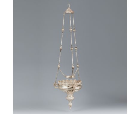 Silver God lamp, France ca. 1870 (gift from Baroness de Woot to the de Gourcy family). Showpiece with lobed shapes, embossed 