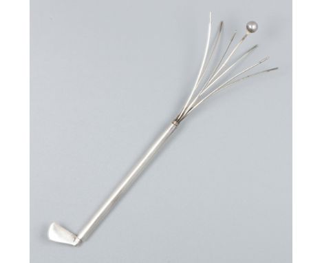 Champagne swizzle stick / whisk, silver. Designed as a golf club. Champagne whisks are used as an attribute for stirring the 