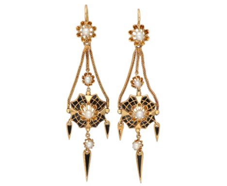 Italian 14K yellow gold antique earrings with black enamel and seed pearl. In the style of French Napoleon III fashion of the