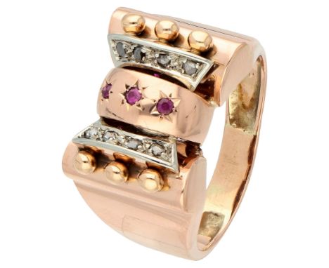 18K Rose gold retro ring set with diamond and synthetic ruby. Bow model set with eight rose cut diamonds and three synthetic 