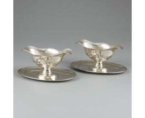 2-piece set of silver sauce boats, (Louis Coignet, Paris ca. 1889-93. Very fine set with handles and reed &amp; ribbon bands.