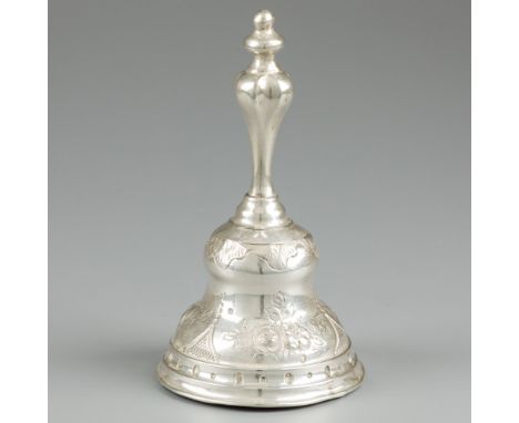 Table bell silver. Beautiful model decorated with repoussé and engraved floral arrangements. The inner bell is made of brass 