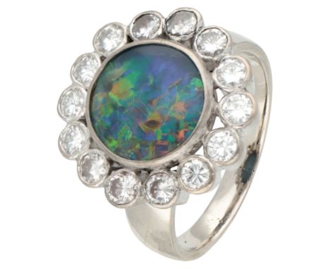 18K White gold entourage ring set with triplet opal and diamond. Set with a triplet opal and 14 brilliant cut diamonds of app