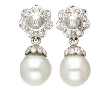 South Sea drop pearl ear studs, 14K white gold with diamonds. Pair of earrings with drop-shaped South Sea pearls measuring ap