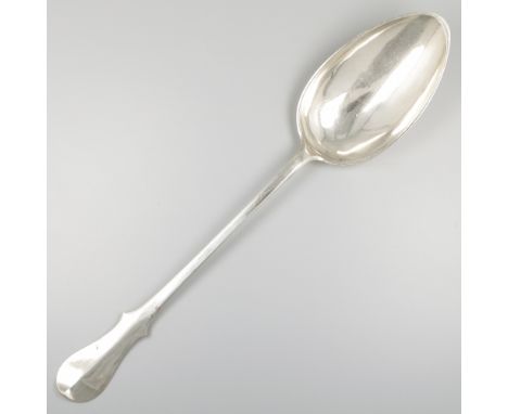 Silver porridge spoon, V.P. (Van Poucke?), Belgium ca. 1788-98. Large fiddle model with a slight center ridge. Most likely Be