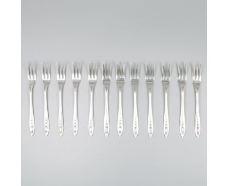 12-piece set of cake / pastry forks silver. Art Deco model 213. The Netherlands, Zeist, Gerritsen &amp; van Kempen, first hal