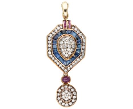14K Yellow gold pendant set with approx. 0.90 ct. diamonds, sapphire and ruby. Three-piece pendant consisting of a trapeze-sh