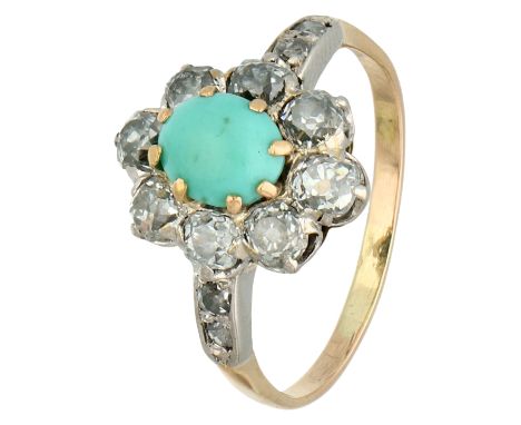 Yellow gold/platina entourage ring set with turquoise and old European diamond. Set with cabochon cut turquoise (6.54 x 5.44 