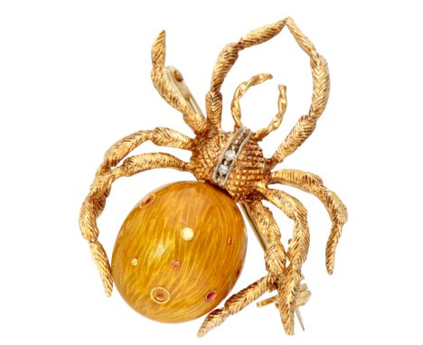 18K Yellow gold spider brooch with guilloche body set with diamond. The enamel features small gold and coloured platelets and