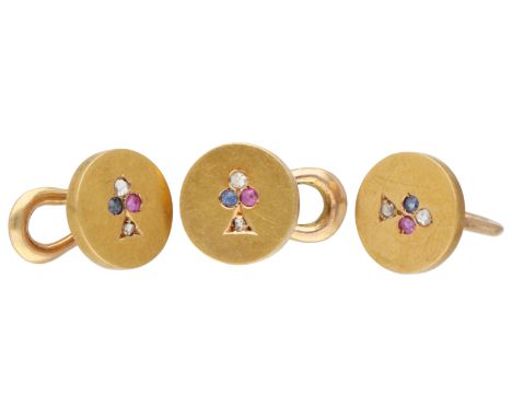 Set of three antique 14K yellow gold collar buttons set with diamond, ruby ??and sapphire. Gemstones are set in the represent