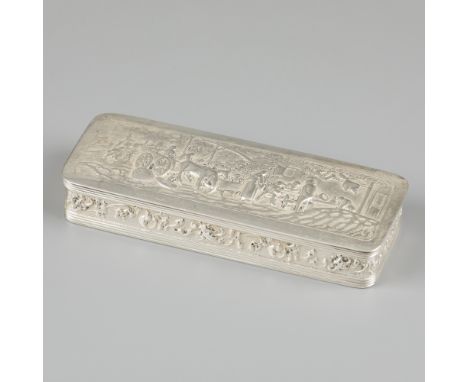 Pencil case silver. Rectangular model with hinged lid. The lid is decorated with a village scene in relief. Netherlands, Voor