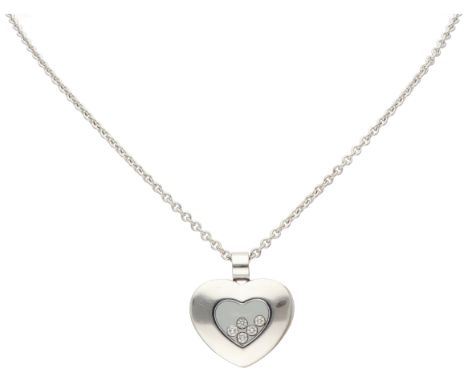 Chopard 18K white gold 'Happy Diamond' heart-shaped pendant with diamonds on an anchor link necklace Set with five brilliant 