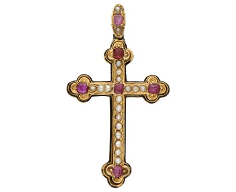 14K Yellow gold cross pendant set with ruby ??and seed pearl. Set with five faceted cut rubies of approx. 6 x 0.8 ct. (2.22 x