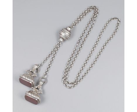 2-piece set of fob pendants, silver. Beautiful set of fob pendants with repoussé decoration and agate stamps (without initial