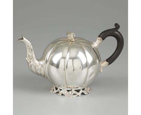 Teapot silver. Beautiful pumpkin-shaped model with openwork foot. United Kingdom, London, F B Thomas &amp; Co (Francis Boone 