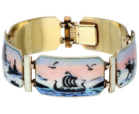 Albert Scharning silver Norwegian 1950 guilloche and enamel link bracelet. Depicting a Viking ship, moose, fjord and landscap