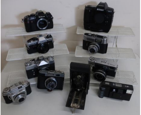 Box of various vintage and other cameras including a Zenith E Moscow 1980 Edition, Fujica Auto M Compact Camera, Nikon F90X, 