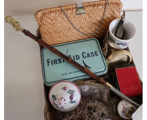 Vintage style wicker handbag, Boots First Aid case, Swiza clock, beadwork purse and shoe horn etc, 