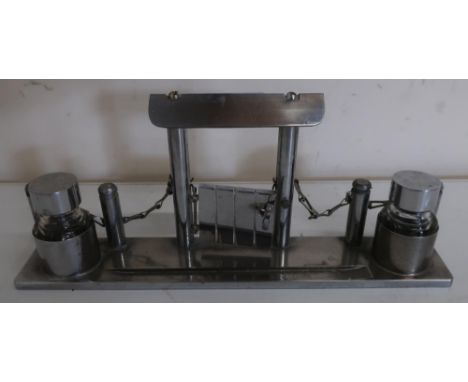 Unusual silver plated inkstand in the form of a fence and gate with two inkwells and pen rest  (29cm x 5cm x 12cm) 