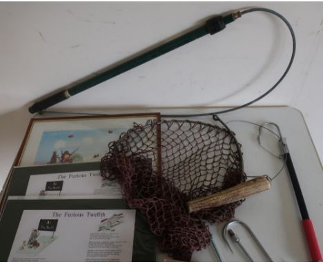 An Aquarian salmon tailer, a gaff and two gaff hooks, vintage folding landing net and a fishing paperweight, two Christopher 
