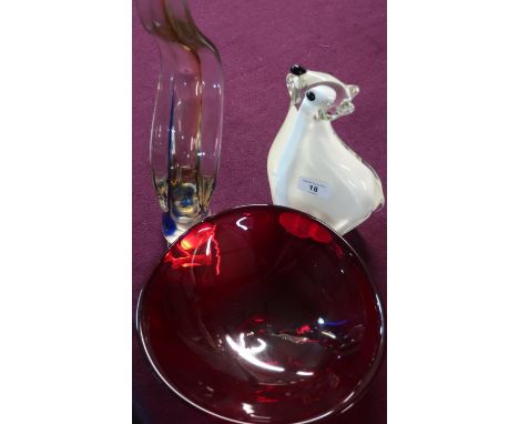 Large Studio glass figure of a polar bear (24cm high), another Studio glass red bowl and another artistic Studio glass item (