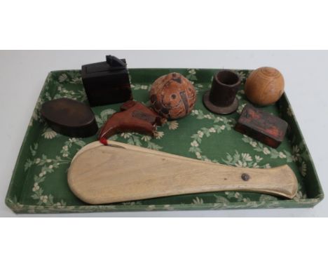 Two 19th C papier-mache snuff boxes, pair of travelling balance scales, various turned wood items, treen type boot, hardwood 