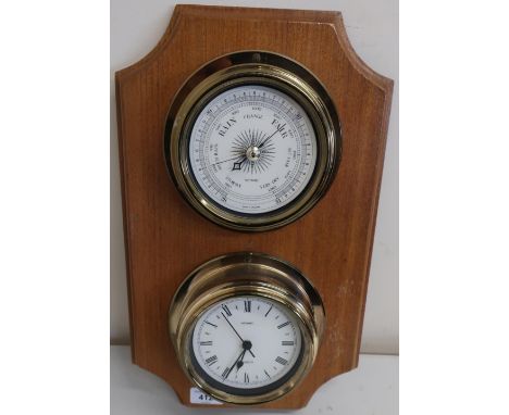 Oak wall mounted bulkhead style brass clock and barometer 