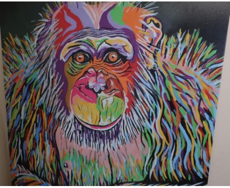 Steven Brown, multicoloured head and shoulder portrait of a chimpanzee, print on canvas (101cm x 101cm) 