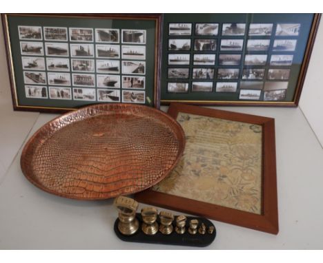 Joseph Sankey oval copper crocodile effect tray, two sets of Rockwell publishing Titanic collectors cards in frames, a set of